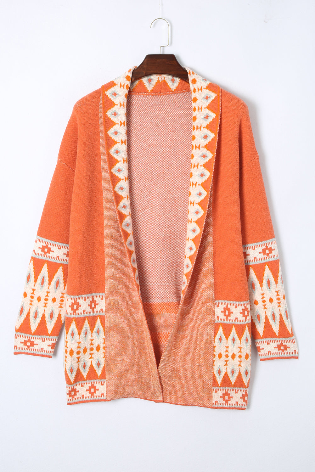 Orange Printed Aztec Print Open Front Knitted Cardigan