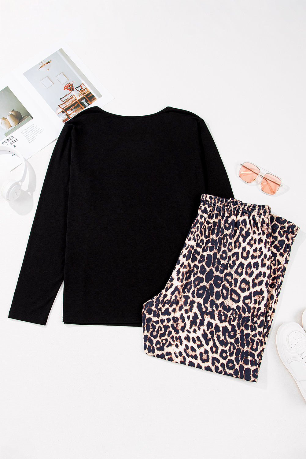 Black Leopard Patched Pocket Long Sleeve Top Plus Size Pants Set