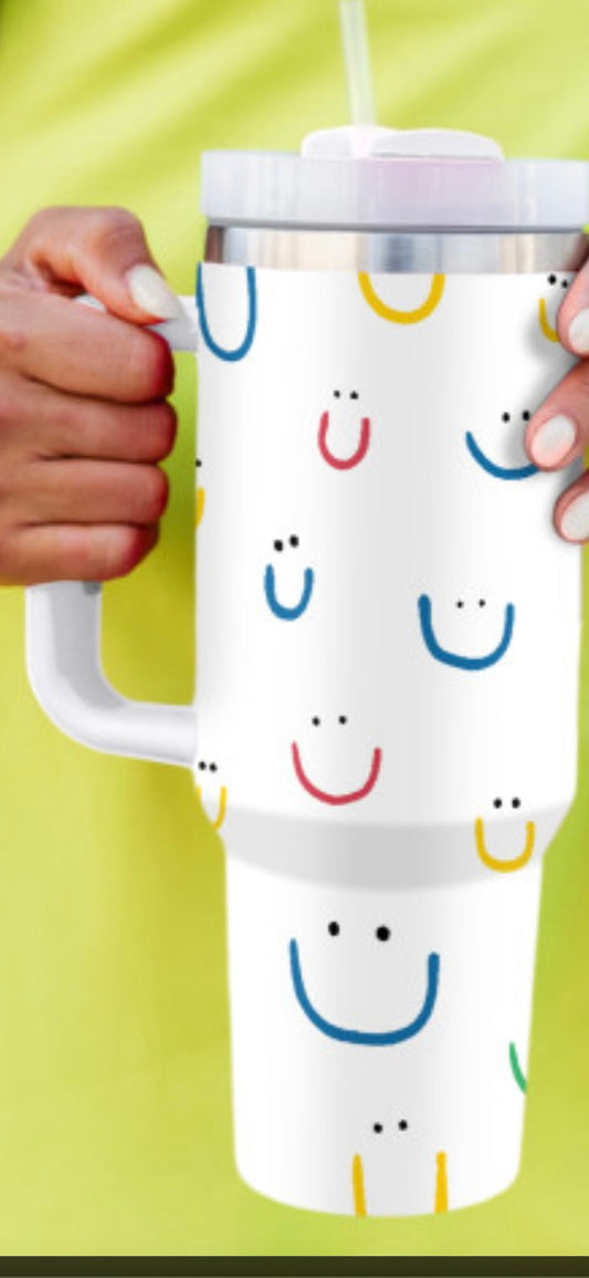 White Smiling Face Print Handle Vacuum Cup 40oz