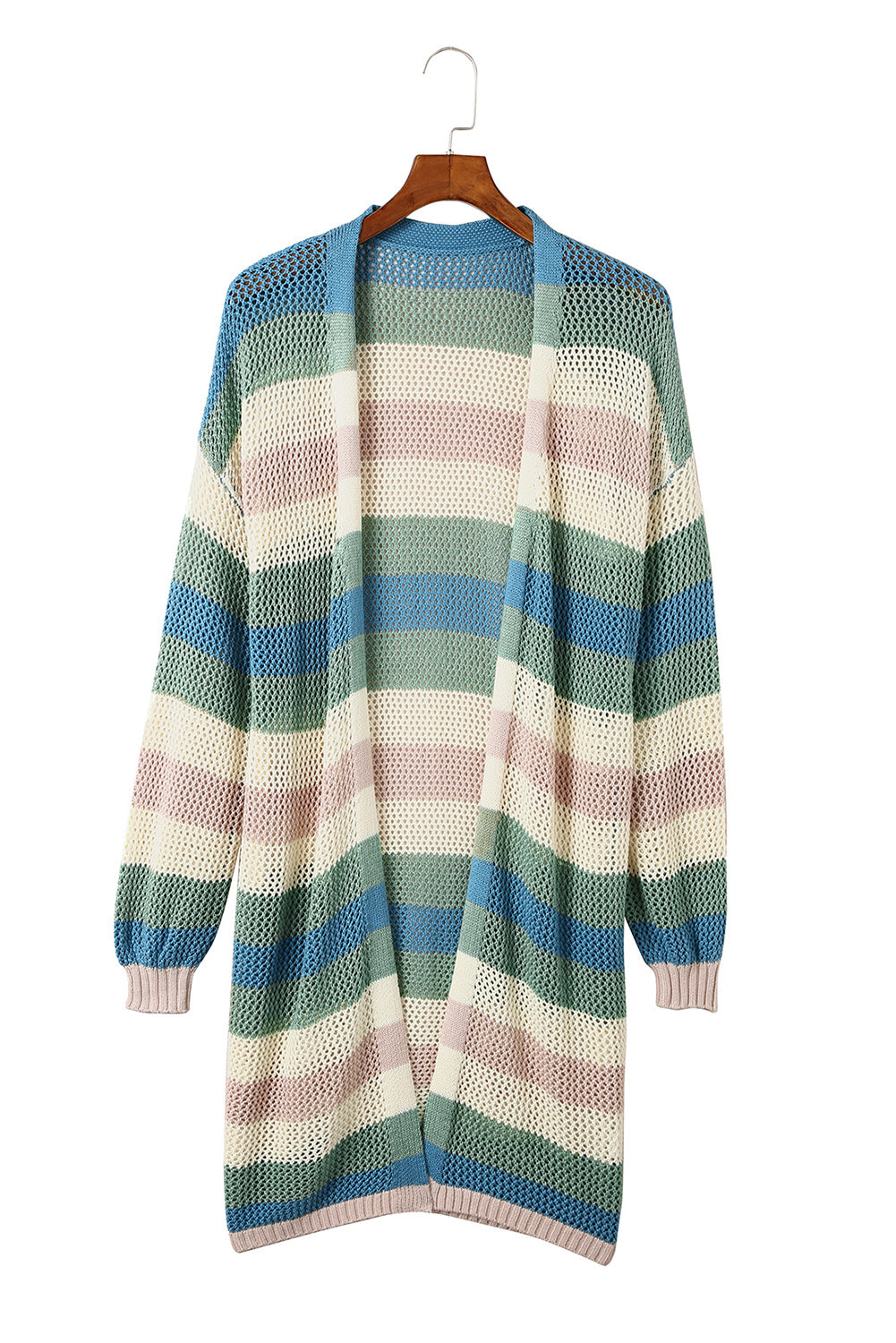 Green Striped Color Block Hollowed Knit Cardigan