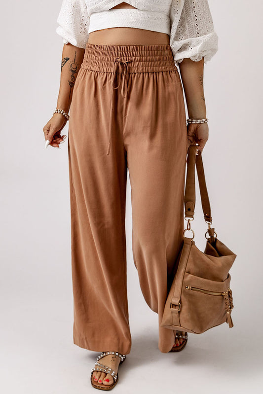 Brown Drawstring Elastic Waist Casual Wide Leg Pants