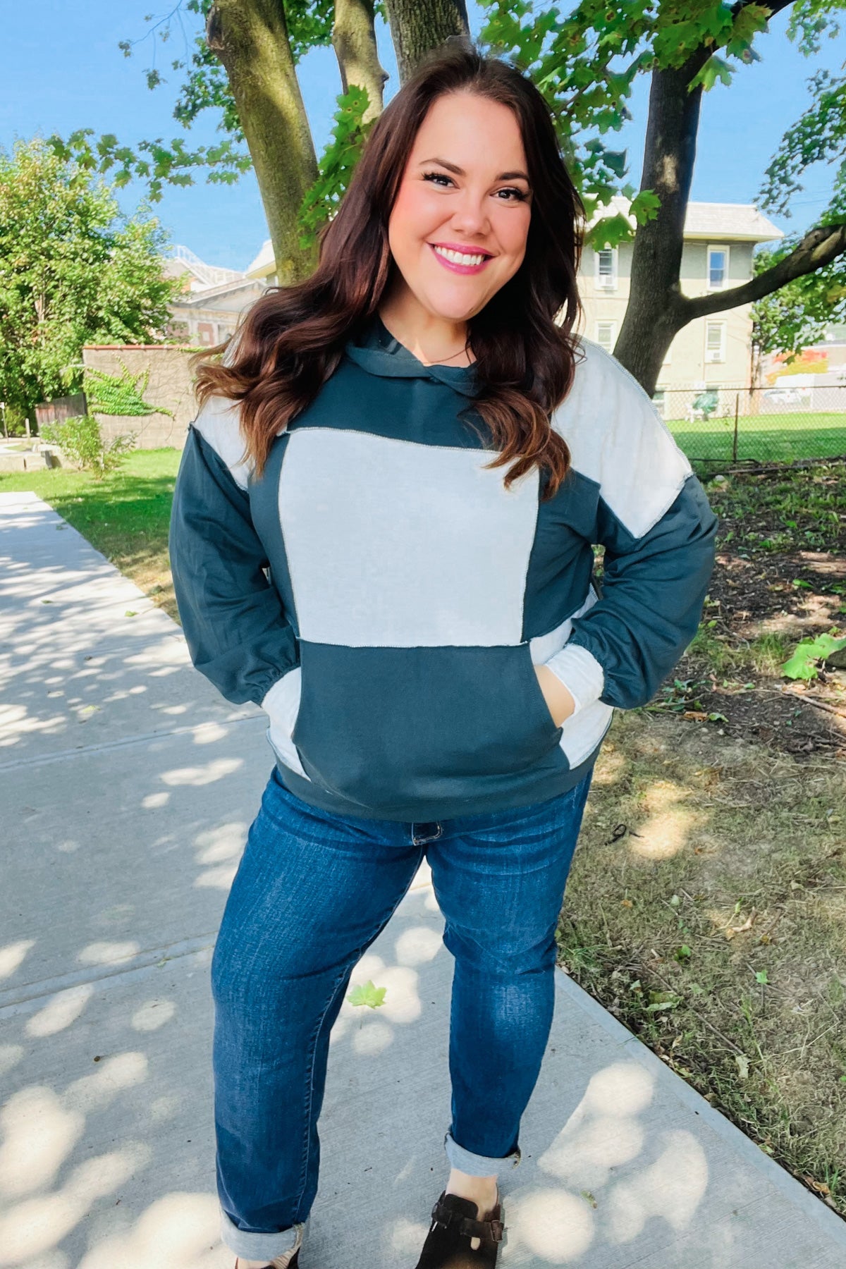 Adorable In Hunter Green Color Block Check Print Terry Hoodie