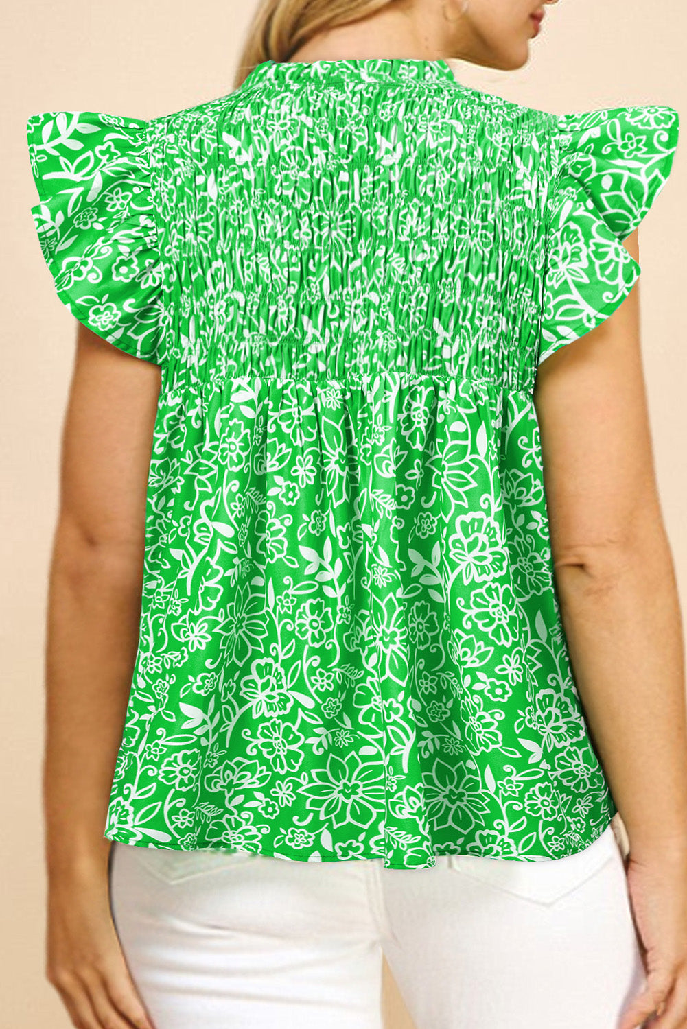 Green Floral Flutter Sleeve Plus Size Blouse