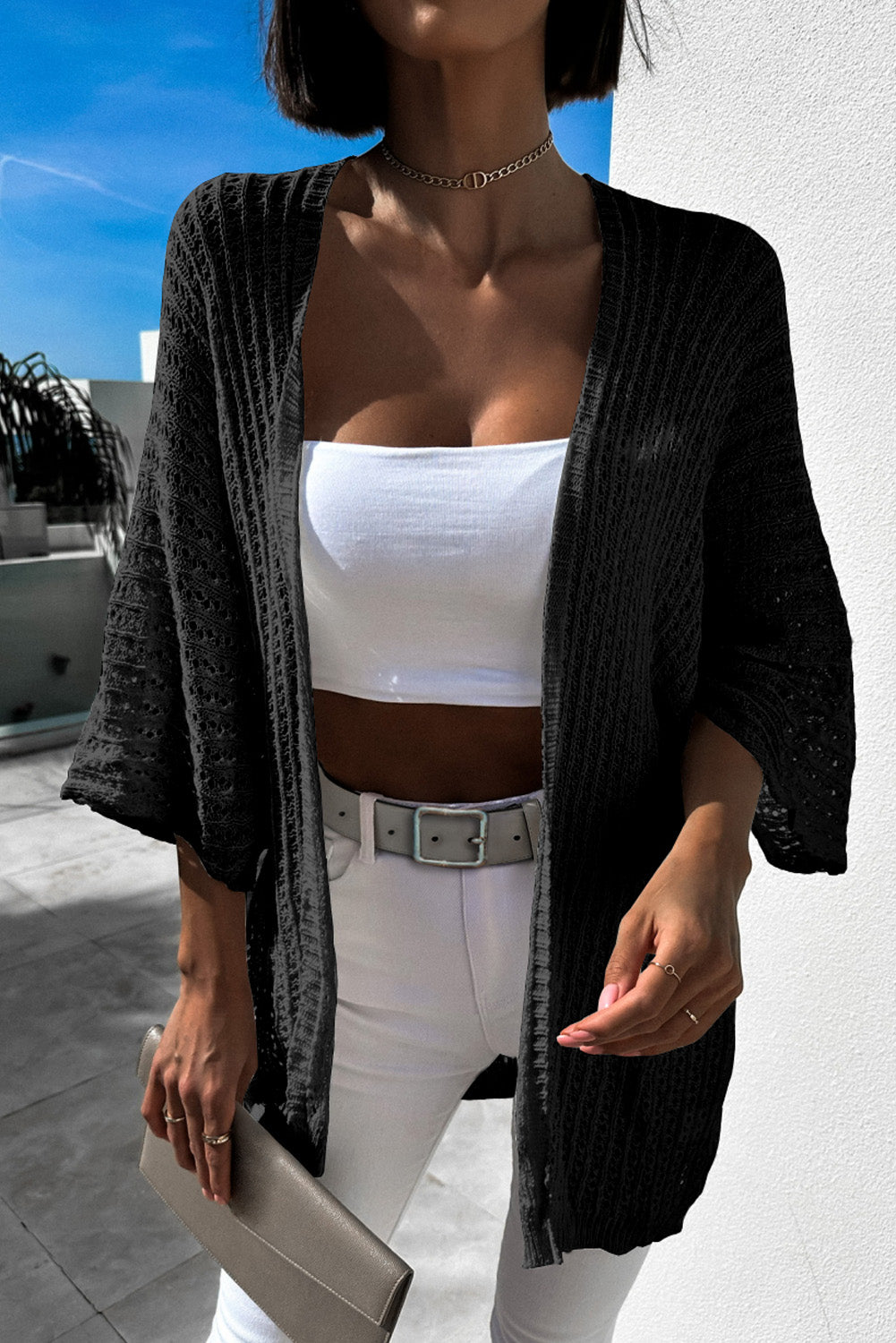 White Hollow-out Knit Kimono Lightweight Cardigan