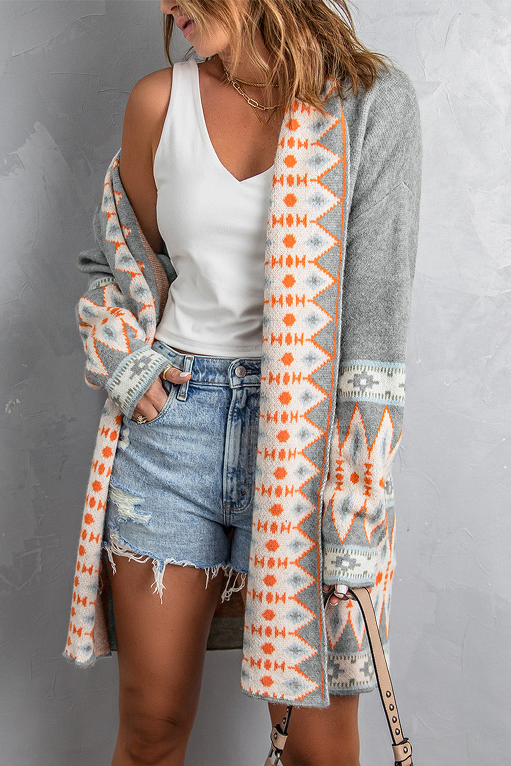 Orange Printed Aztec Print Open Front Knitted Cardigan