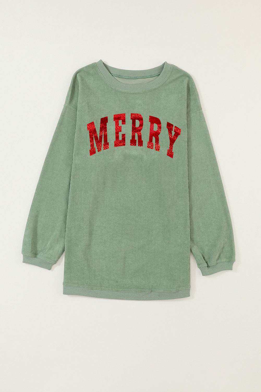 Grass Green Christmas MERRY Letter Printed Corded Baggy Sweatshirt