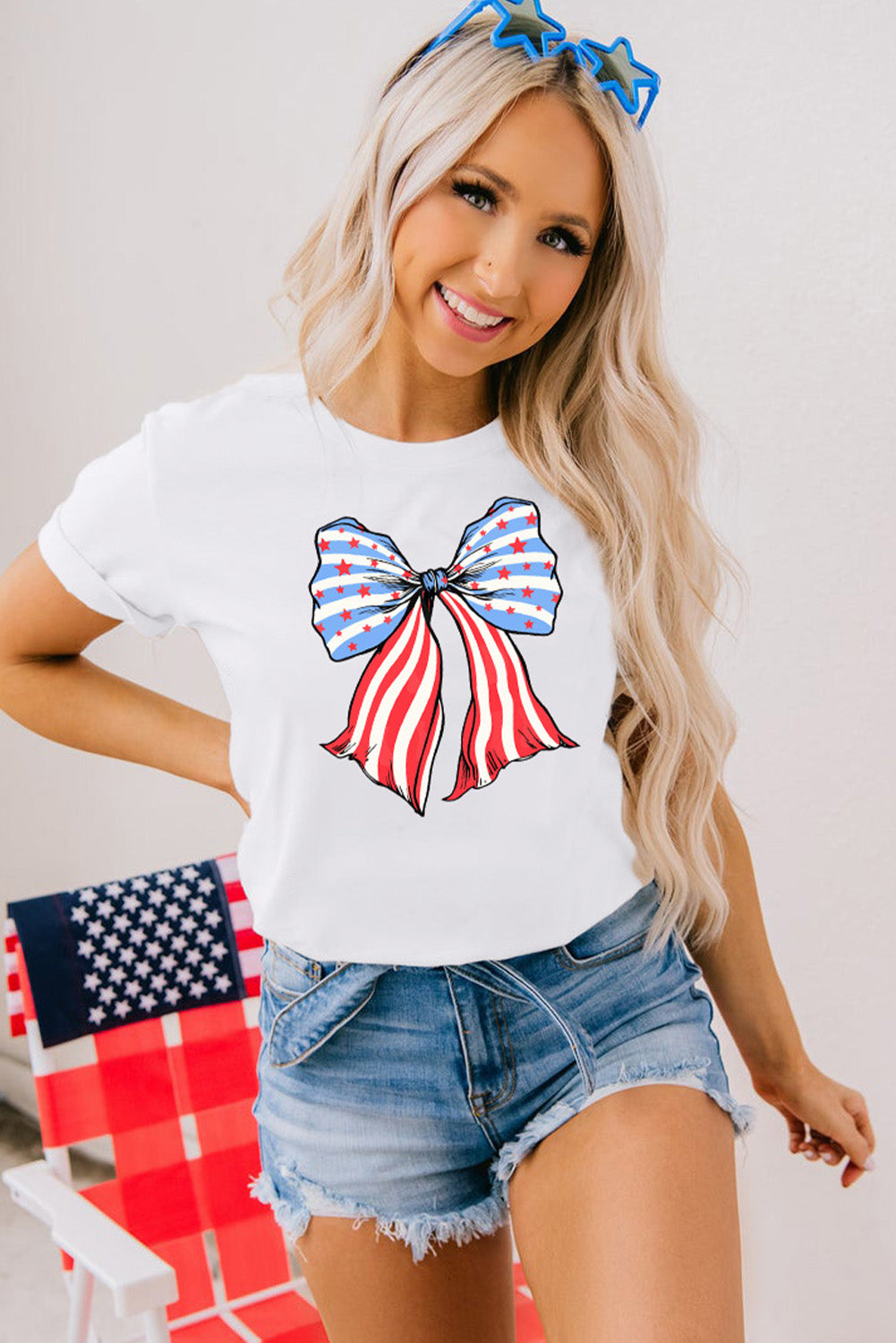 White Stripes and Stars Bowknot Print T Shirt