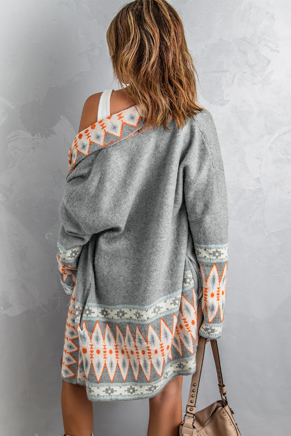 Orange Printed Aztec Print Open Front Knitted Cardigan