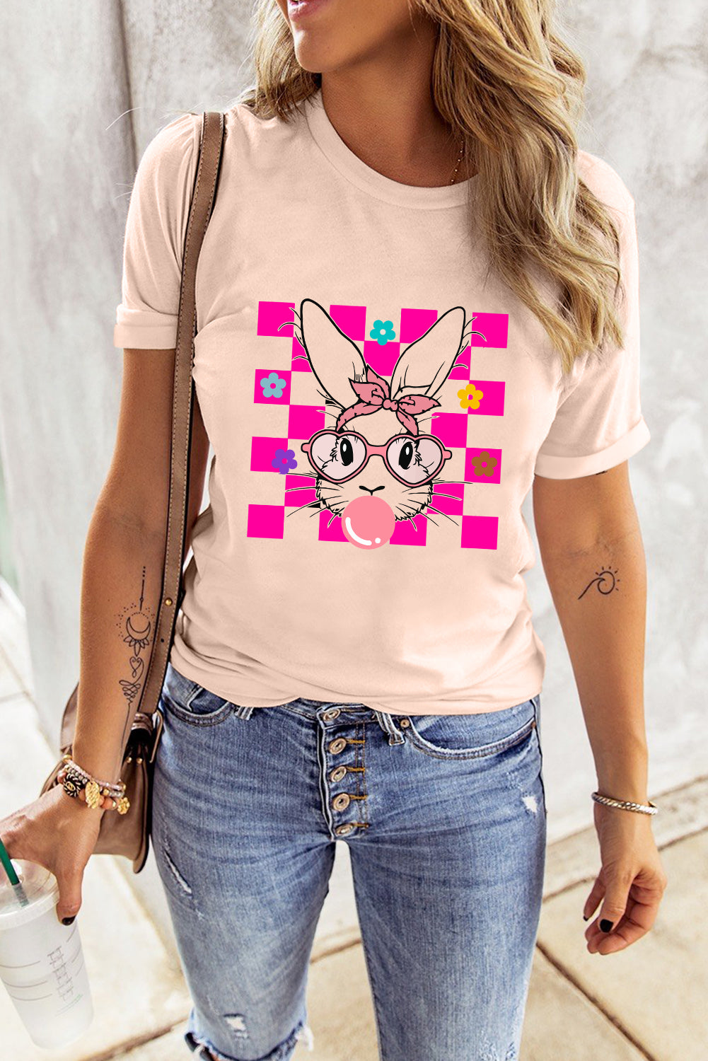 Easter Rabbit Checkered Flower T Shirt