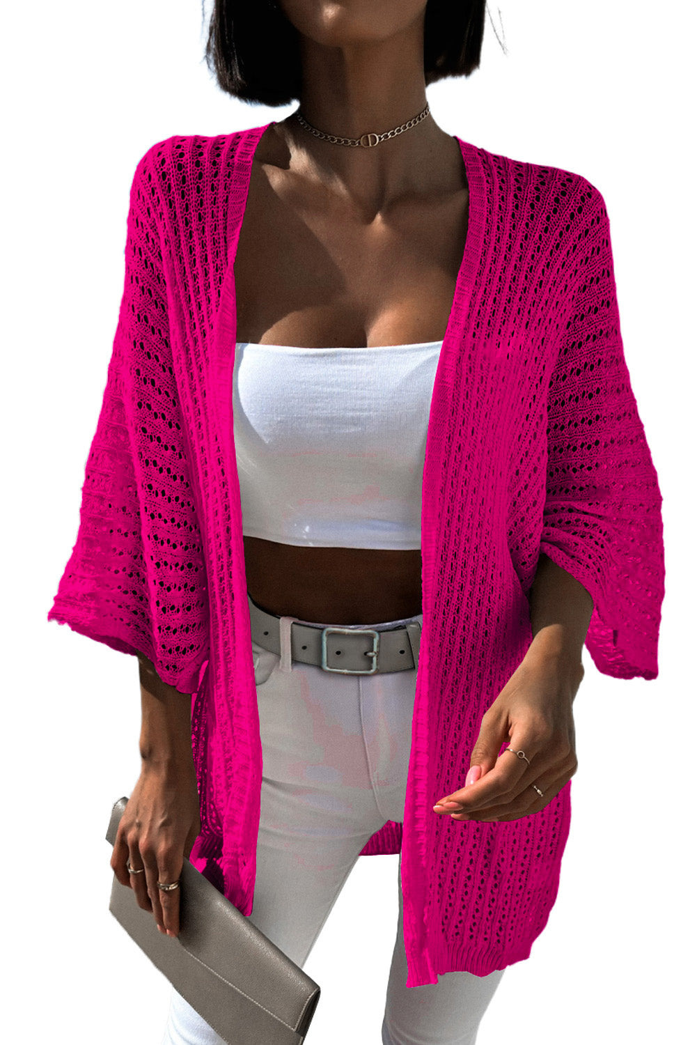 White Hollow-out Knit Kimono Lightweight Cardigan