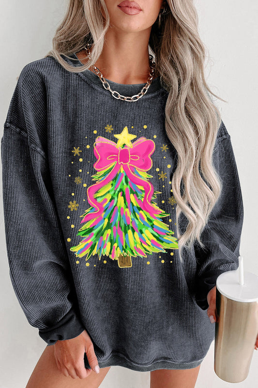 Gray Stunning Christmas Tree Printed Drop Shoulder Corded Sweatshirt