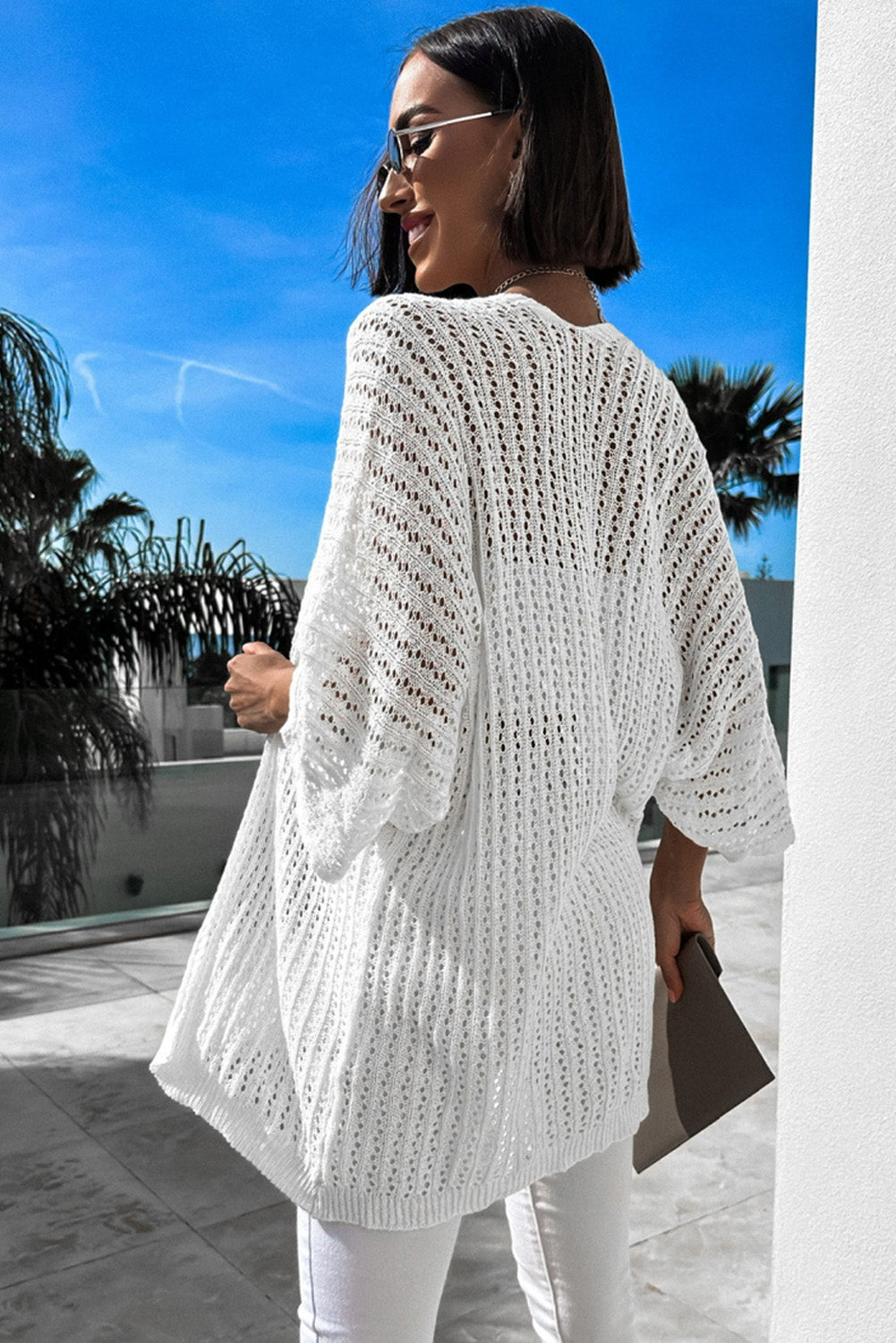 White Hollow-out Knit Kimono Lightweight Cardigan