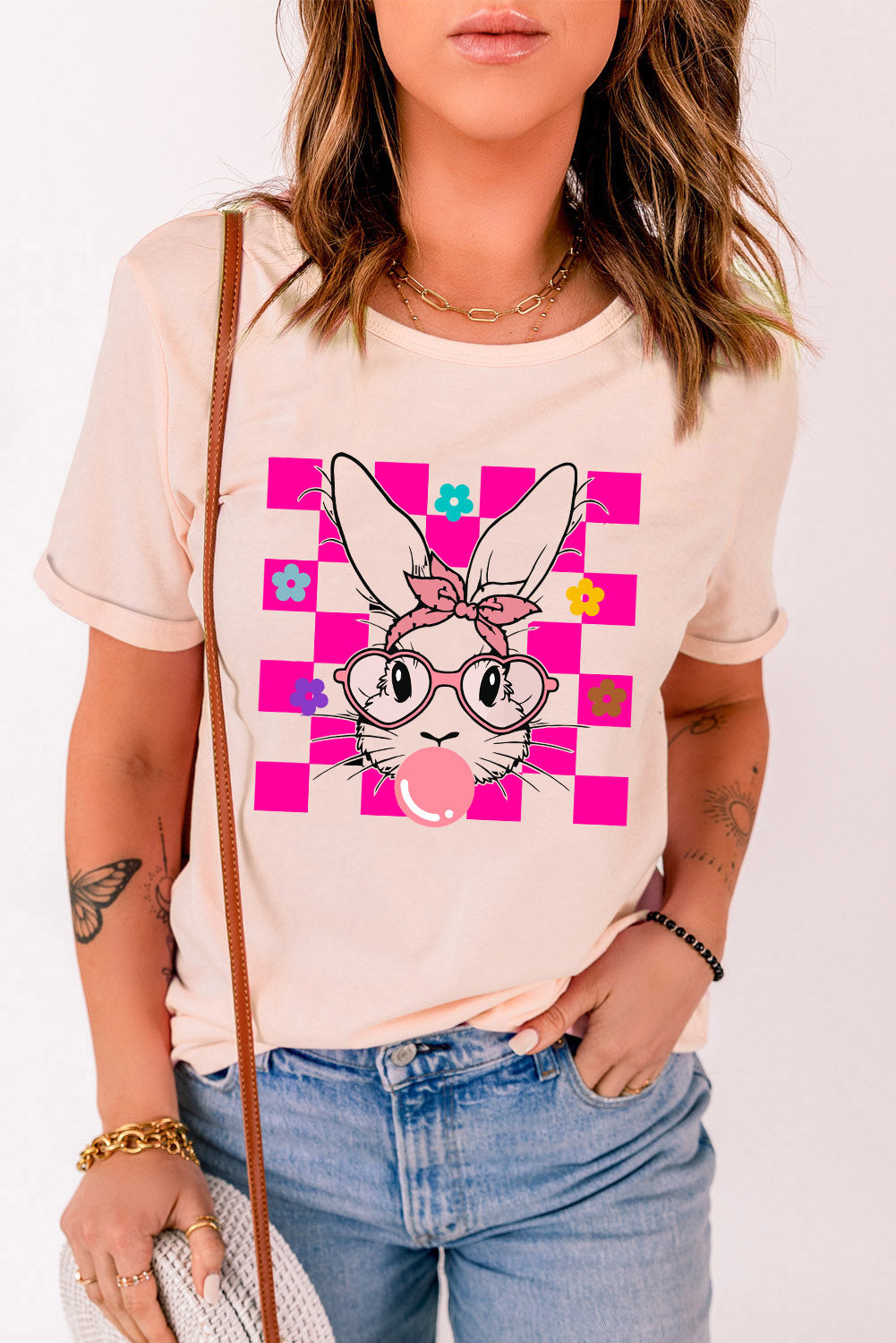 Easter Rabbit Checkered Flower T Shirt