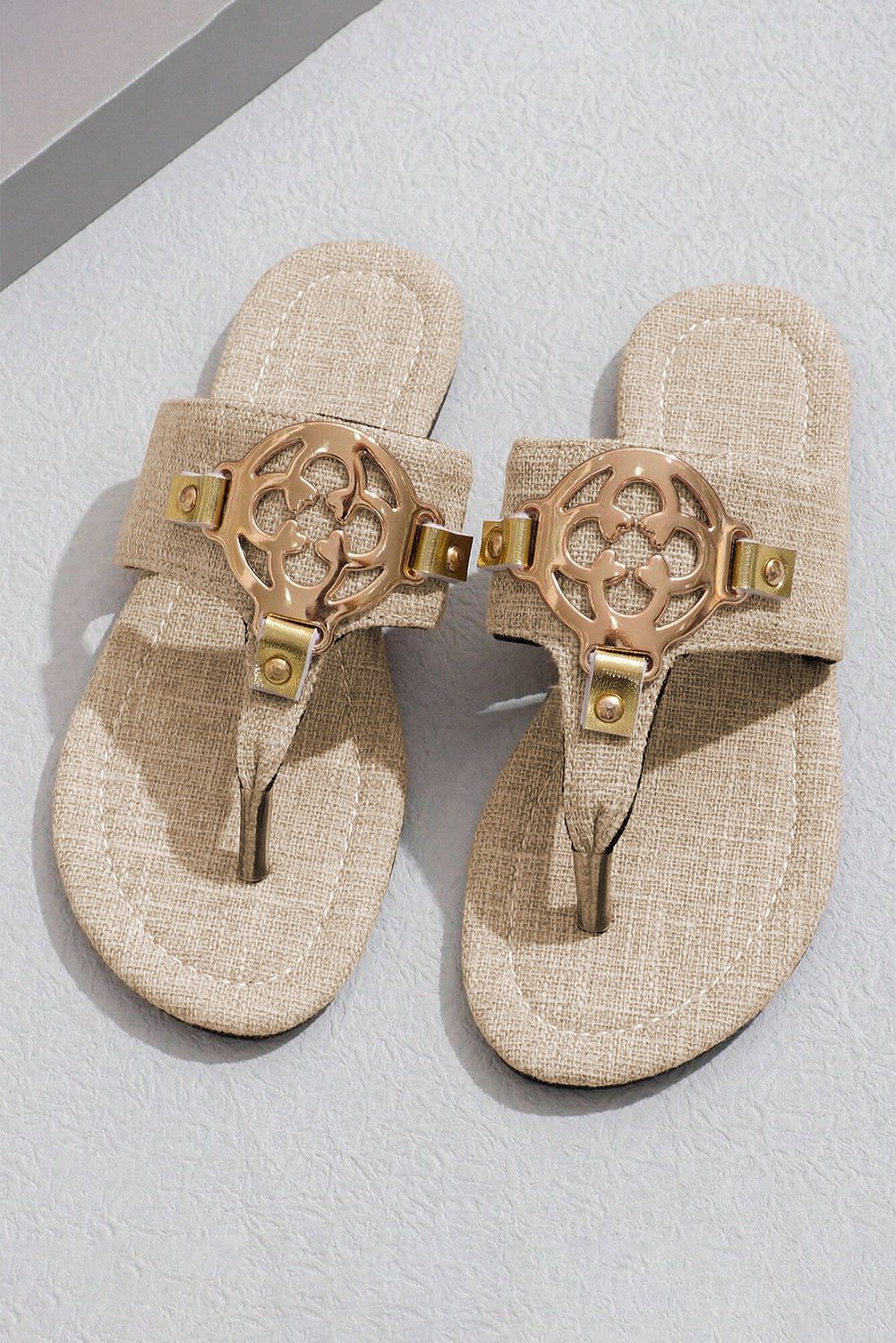 White Metal Décor Leather Thong Slippers