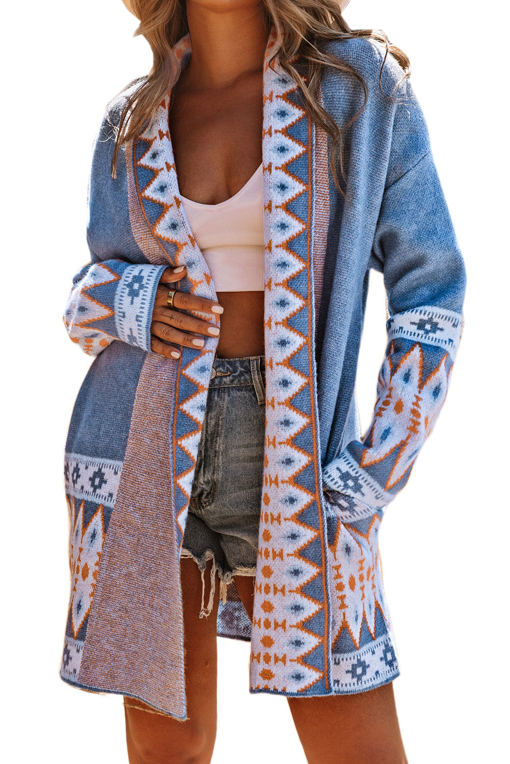 Orange Printed Aztec Print Open Front Knitted Cardigan