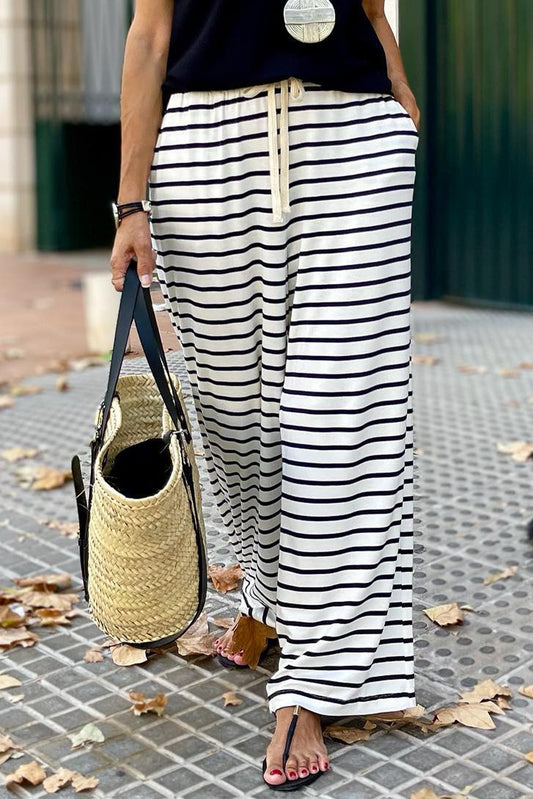 Drawstring Striped Wide Leg Pants