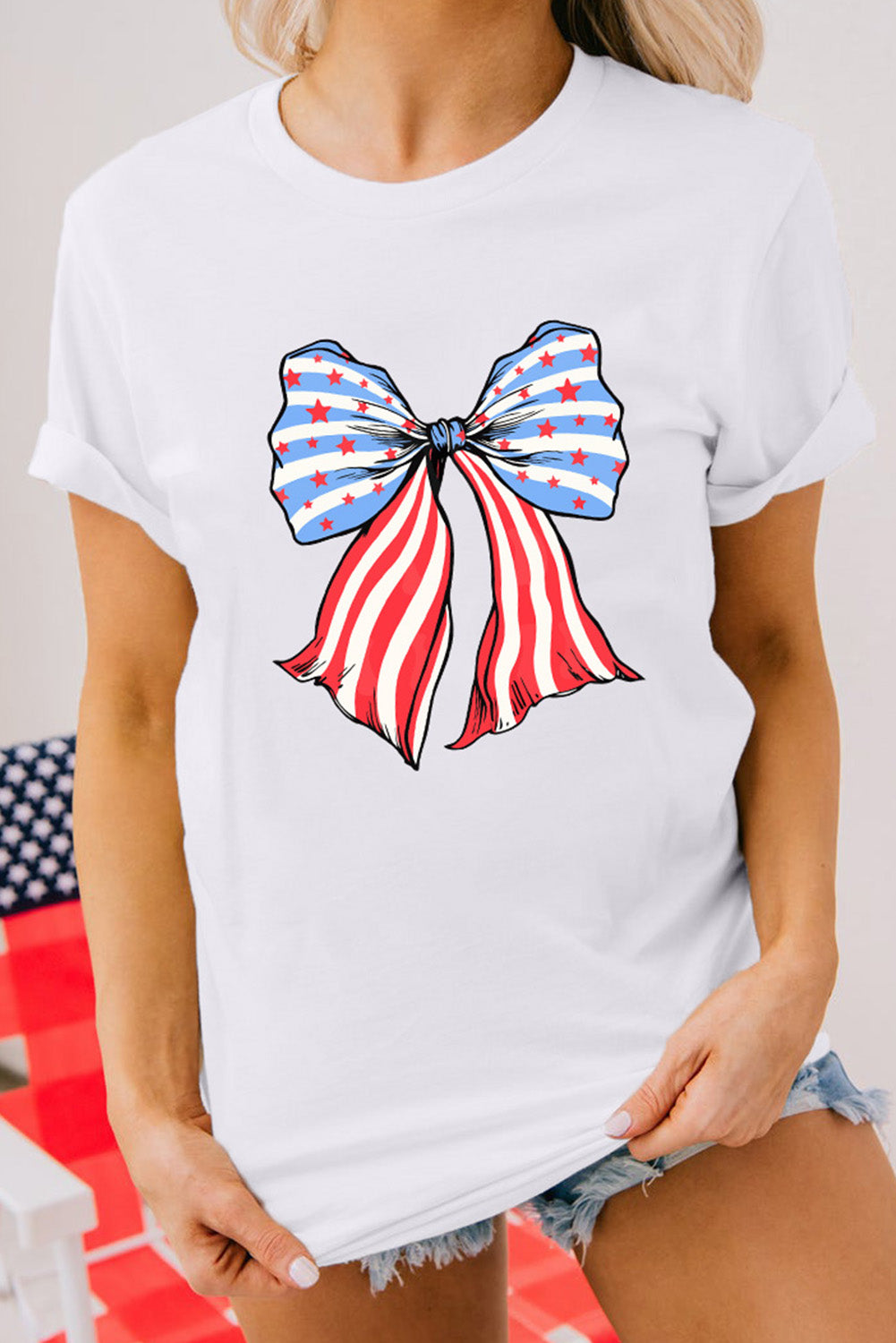 White Stripes and Stars Bowknot Print T Shirt