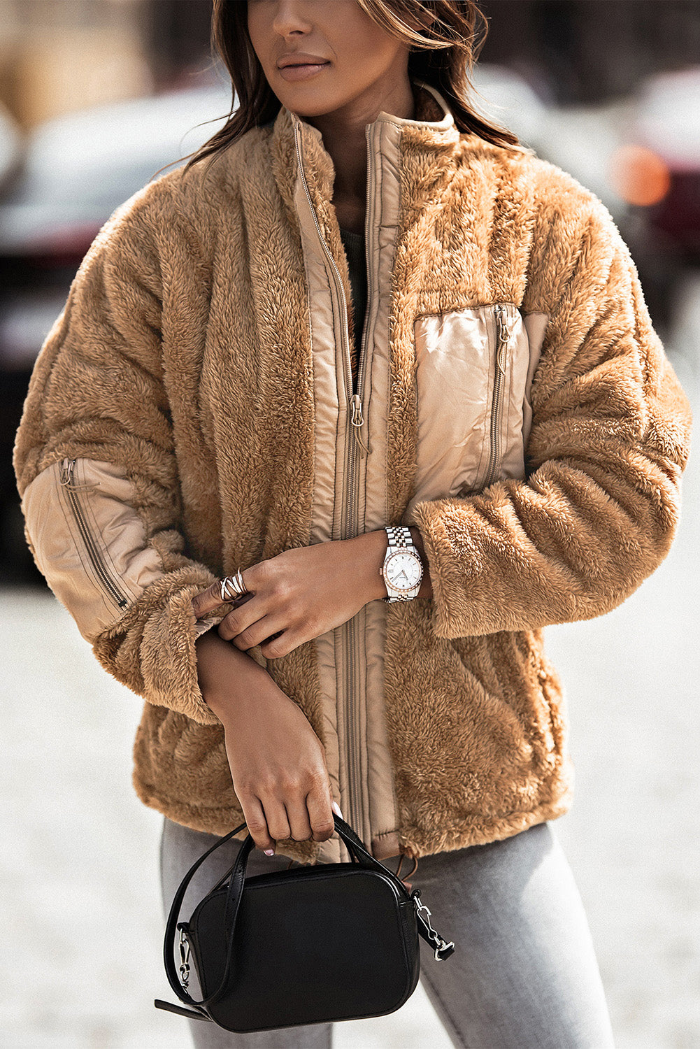 Zip Up Sherpa Coat with Pocket