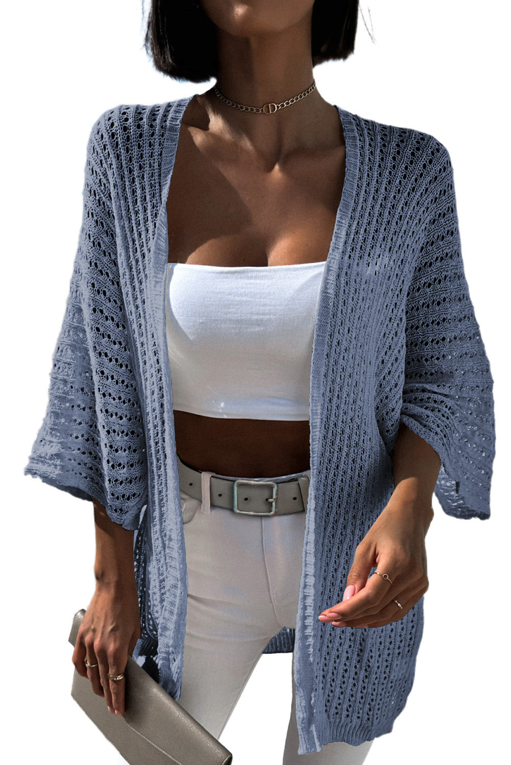 White Hollow-out Knit Kimono Lightweight Cardigan