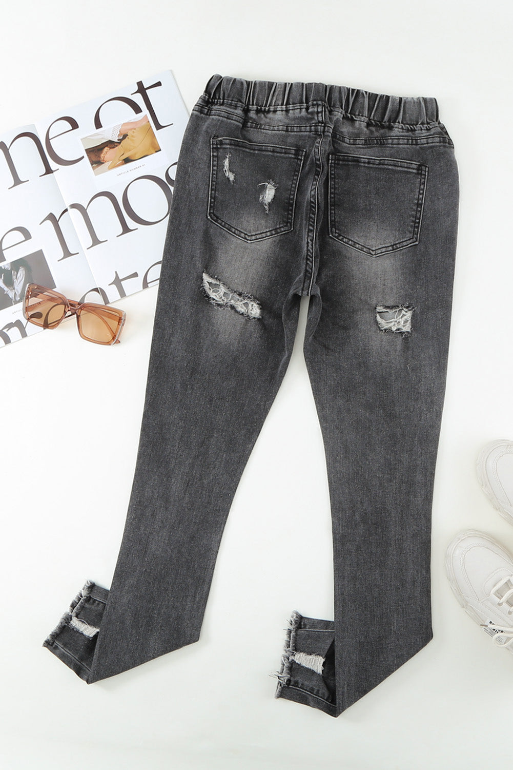 Drawstring Elastic Waist Hole Ripped Jeans