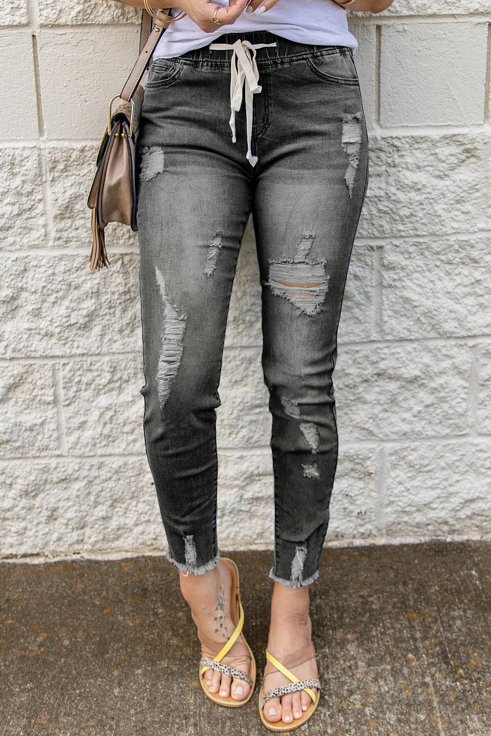 Drawstring Elastic Waist Hole Ripped Jeans