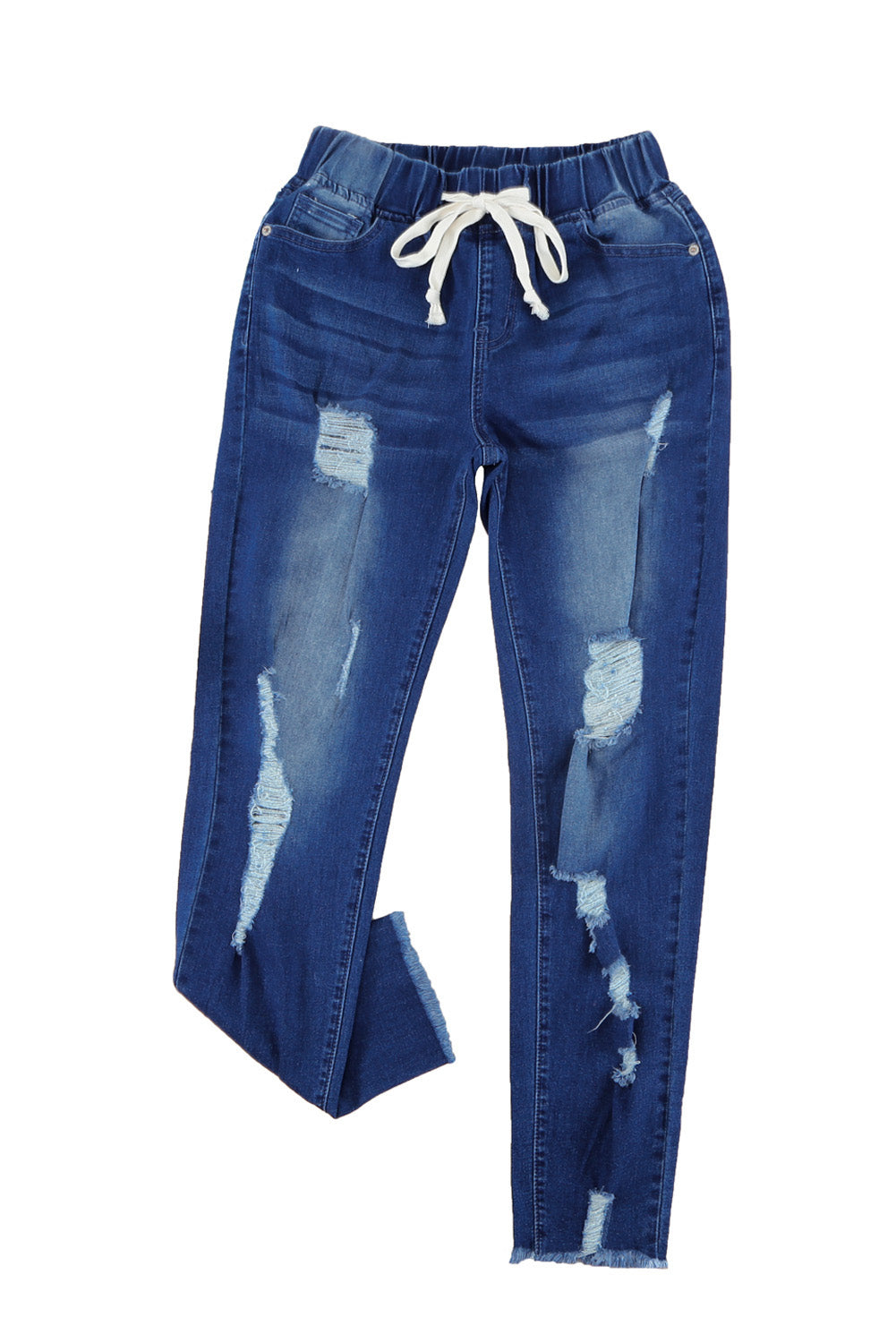 Drawstring Elastic Waist Hole Ripped Jeans