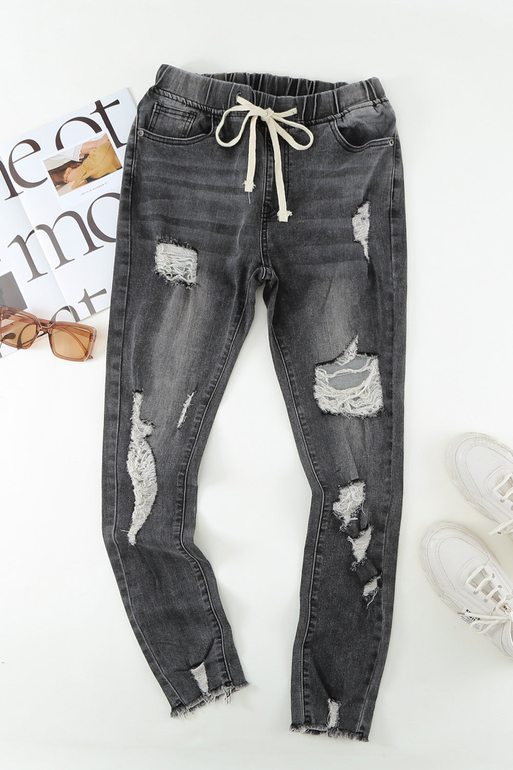 Drawstring Elastic Waist Hole Ripped Jeans