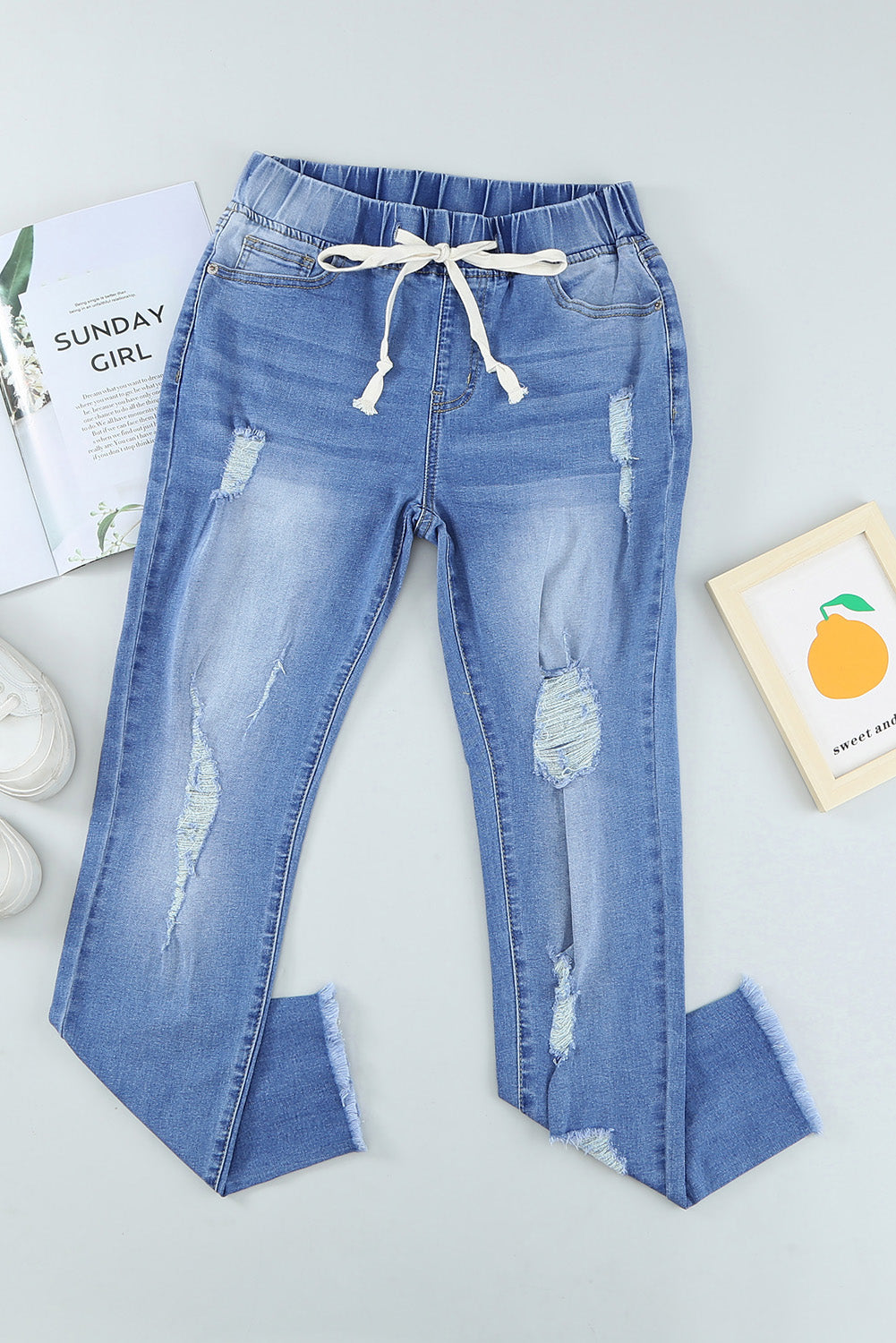 Drawstring Elastic Waist Hole Ripped Jeans