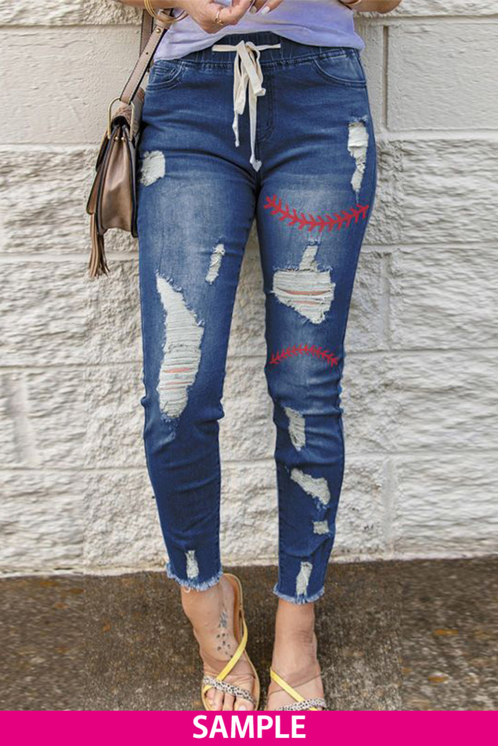 Drawstring Elastic Waist Hole Ripped Jeans