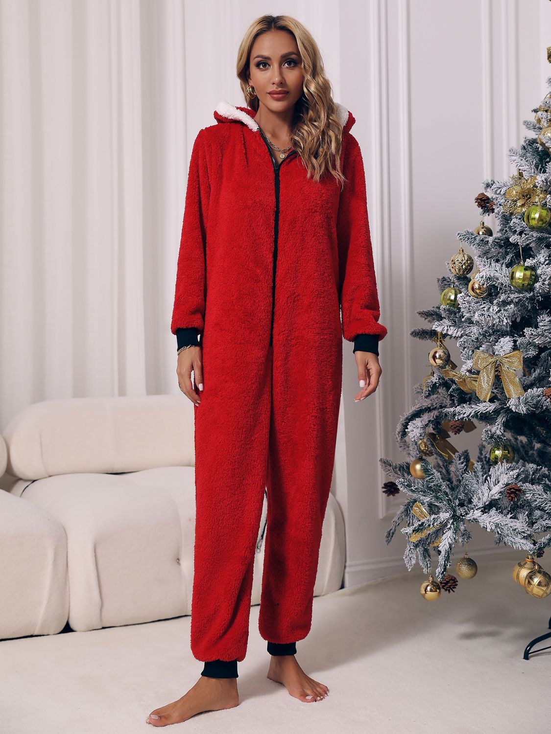 Zip Front Long Sleeve Hooded Lounge Jumpsuit
