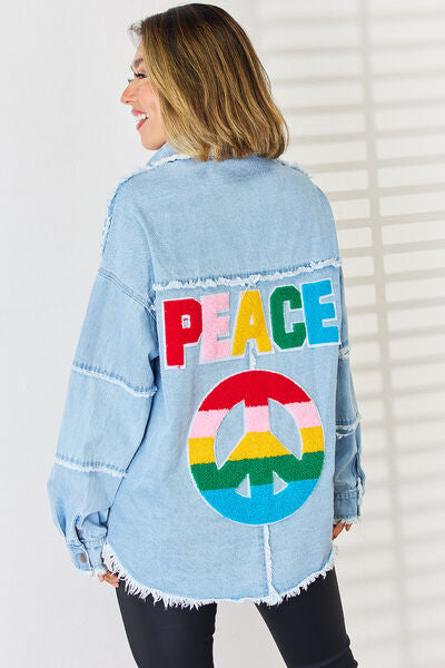 PEACE Raw Hem Denim Top