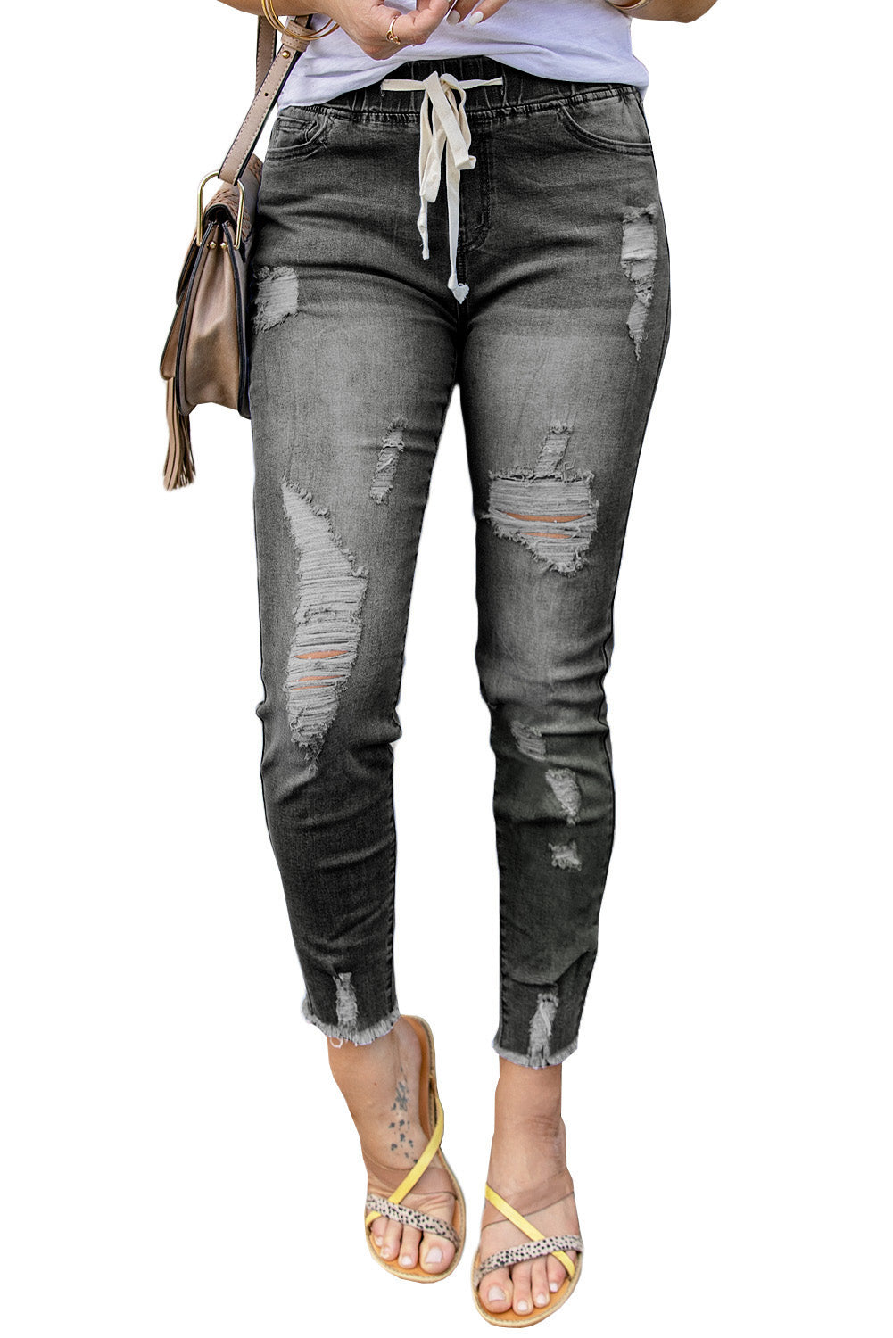 Drawstring Elastic Waist Hole Ripped Jeans