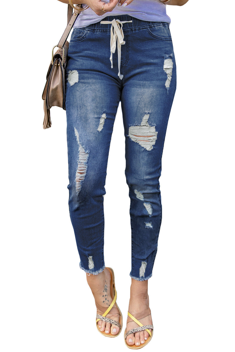 Drawstring Elastic Waist Hole Ripped Jeans