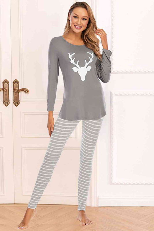 Deer Top and Striped Pants Lounge Set