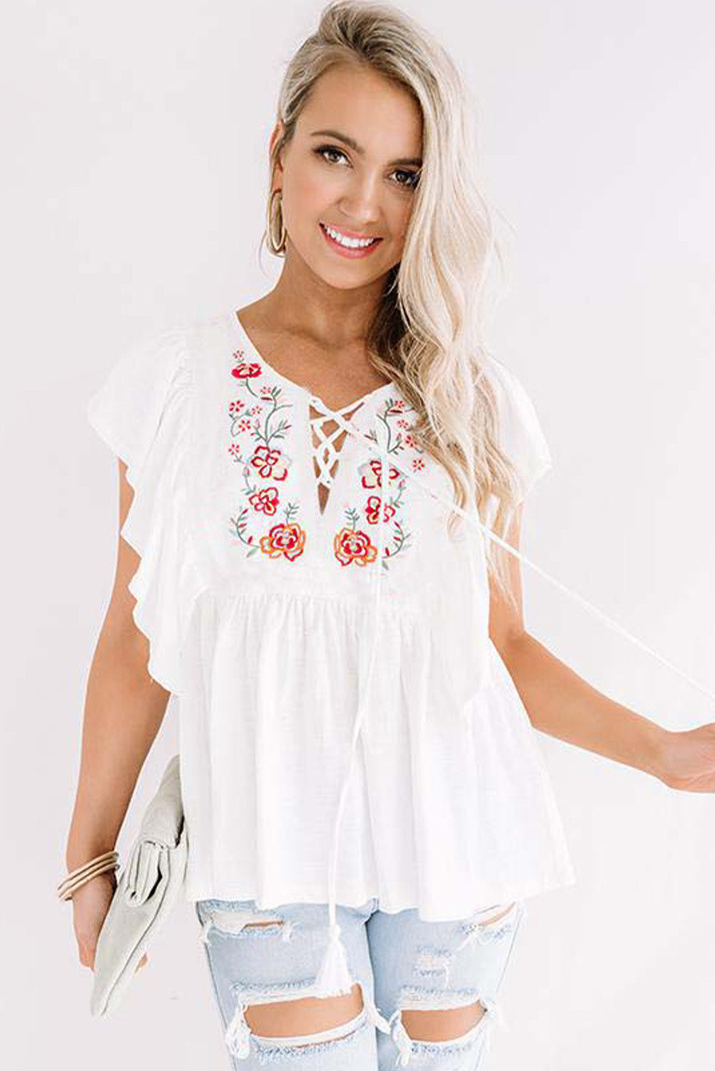 Lace-up V Neck Top