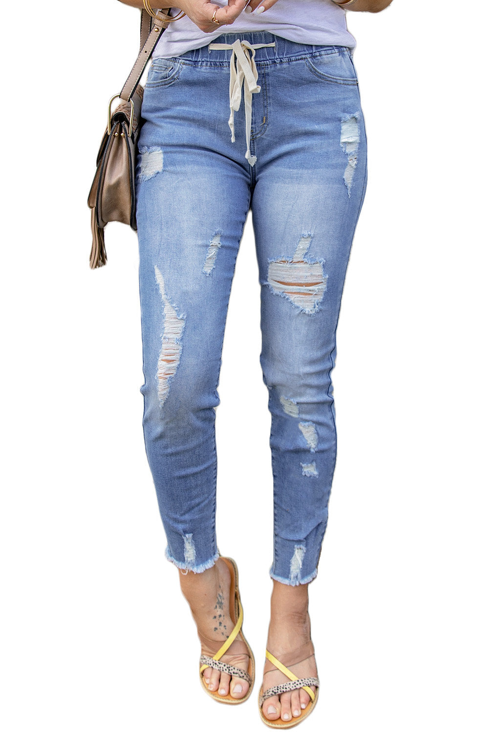 Drawstring Elastic Waist Hole Ripped Jeans