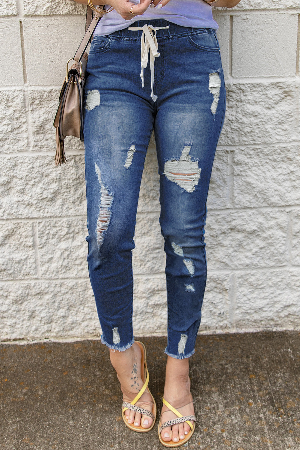 Drawstring Elastic Waist Hole Ripped Jeans