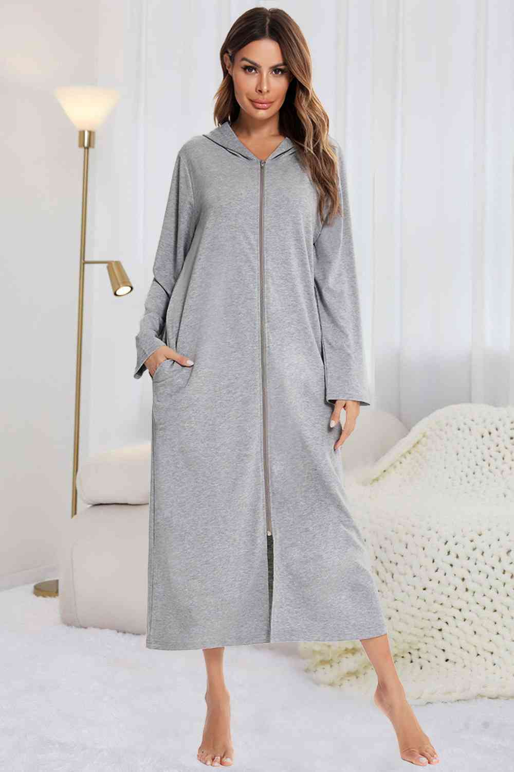 Zip Front Hooded robe with Pockets