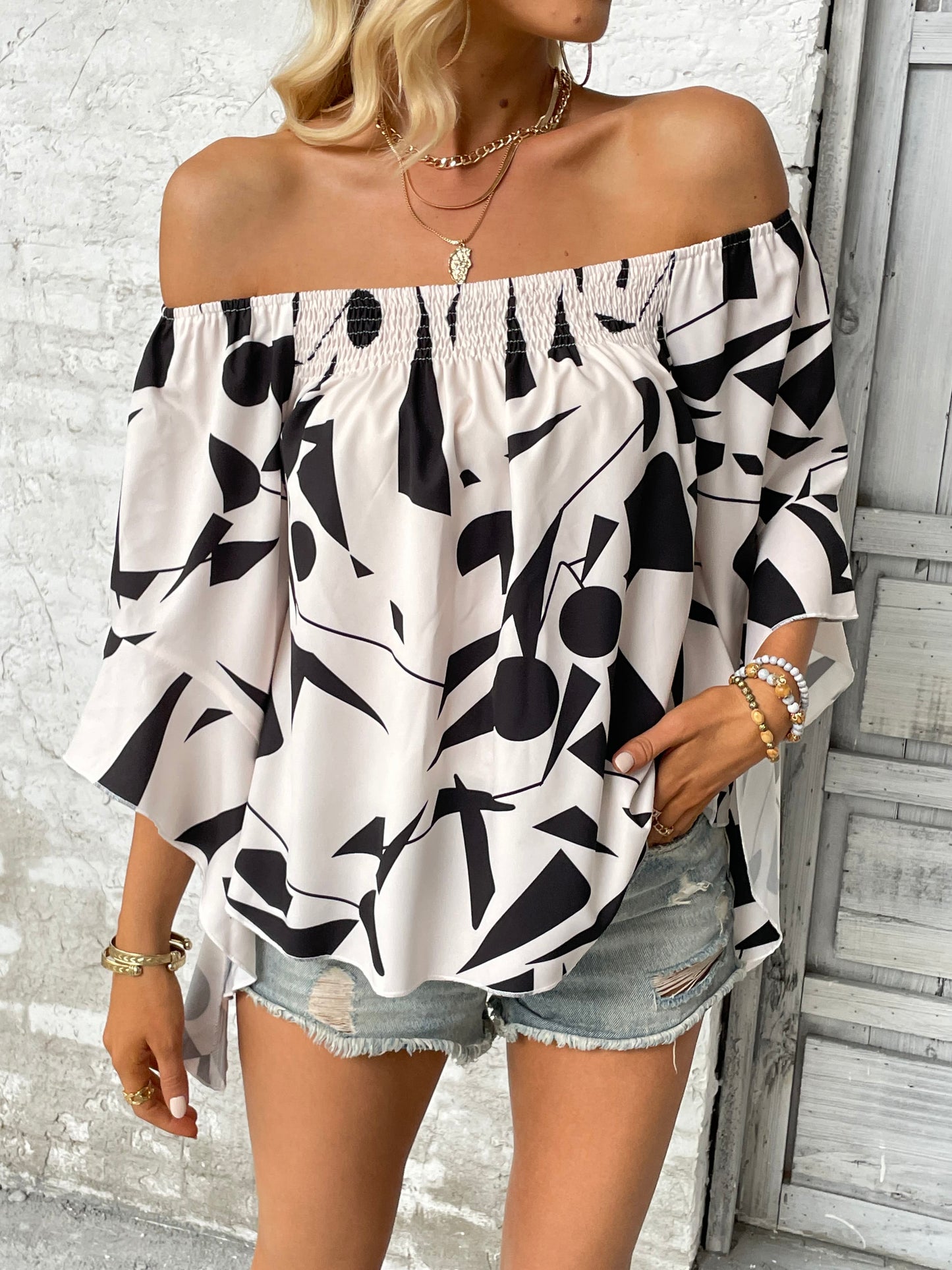 Printed Off-Shoulder Bell Sleeve Blouse