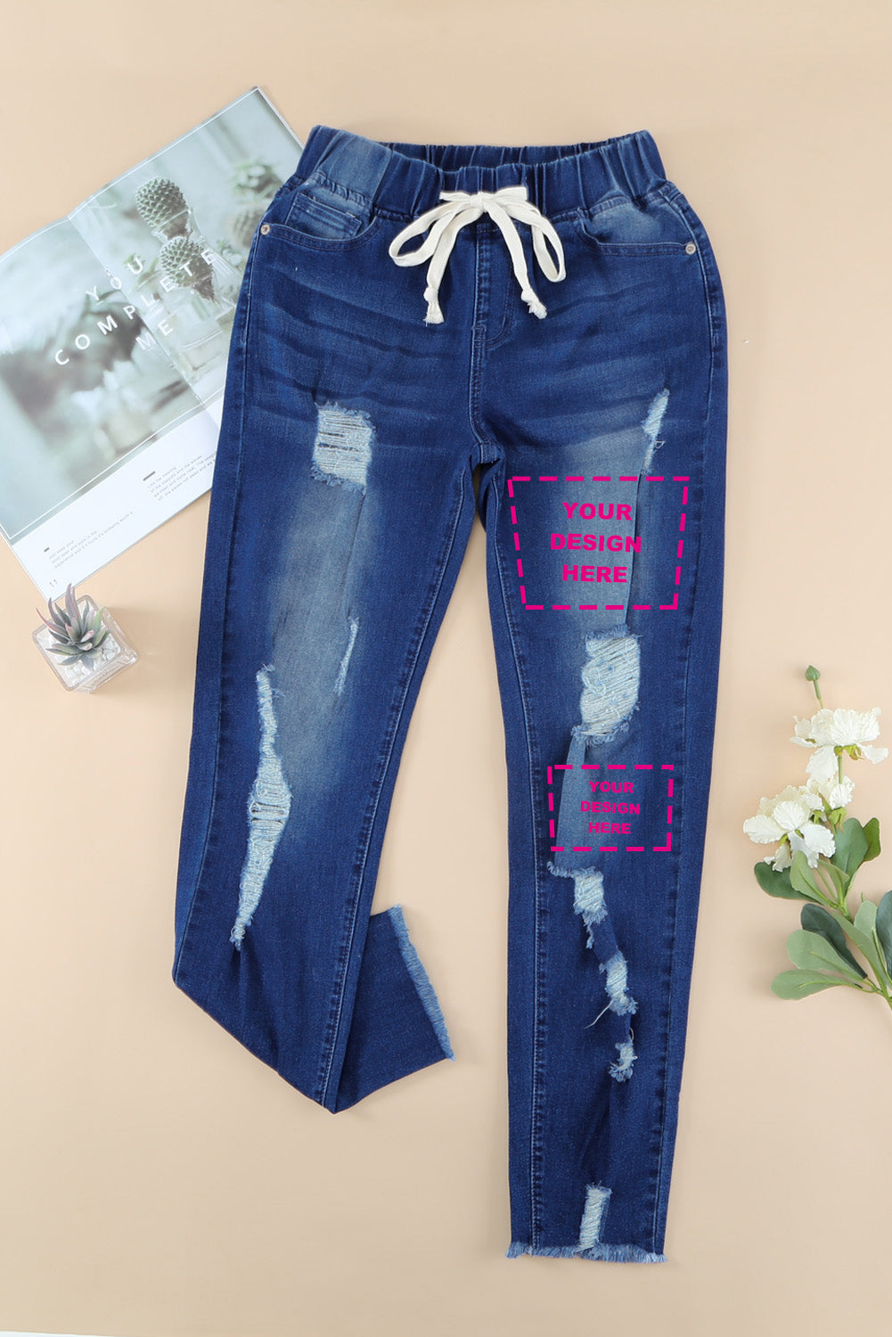 Drawstring Elastic Waist Hole Ripped Jeans